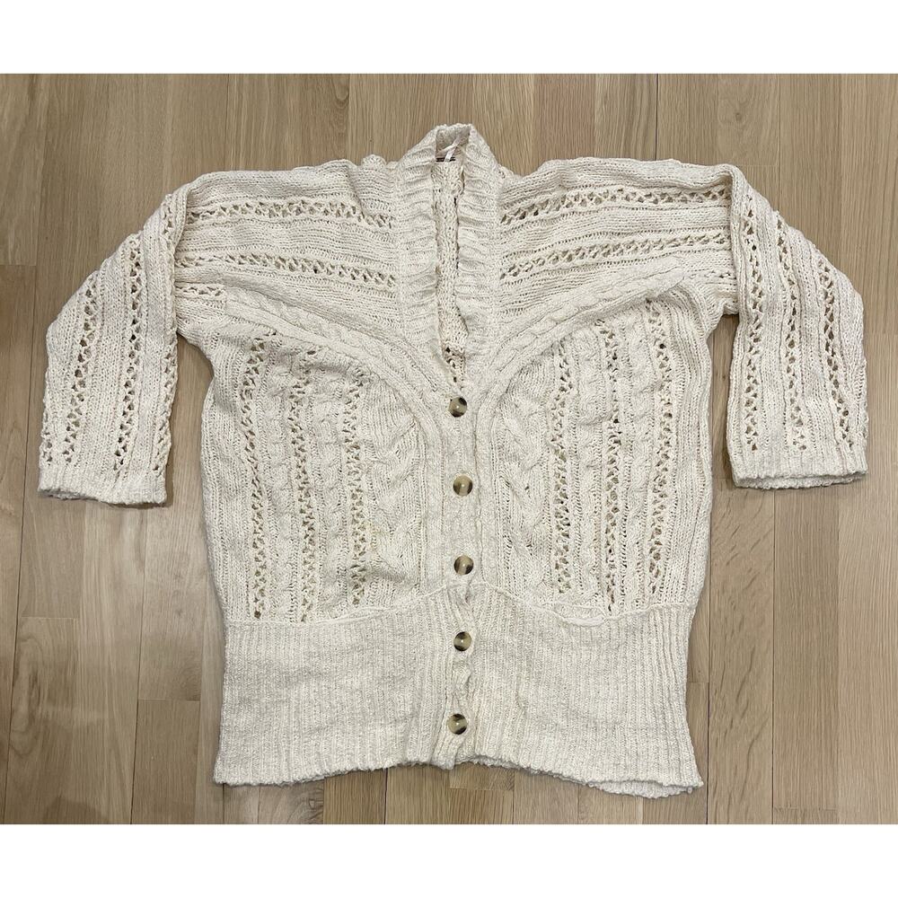 Oversized Free People Cream Knit Openwork Button-Front Cardigan